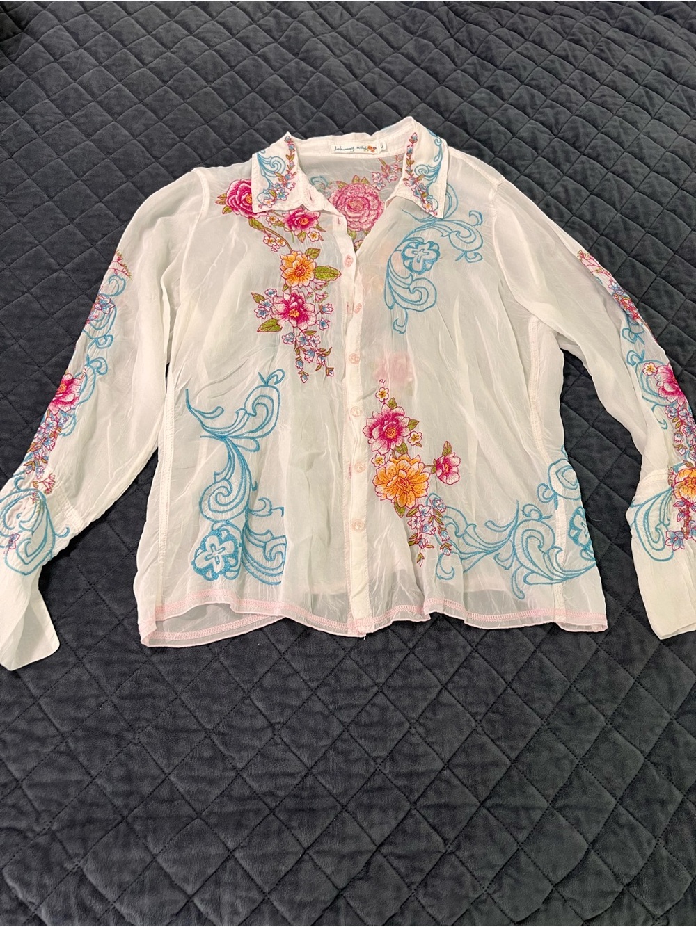 Embroidered Floral Sheer Button-Up Blouse - White